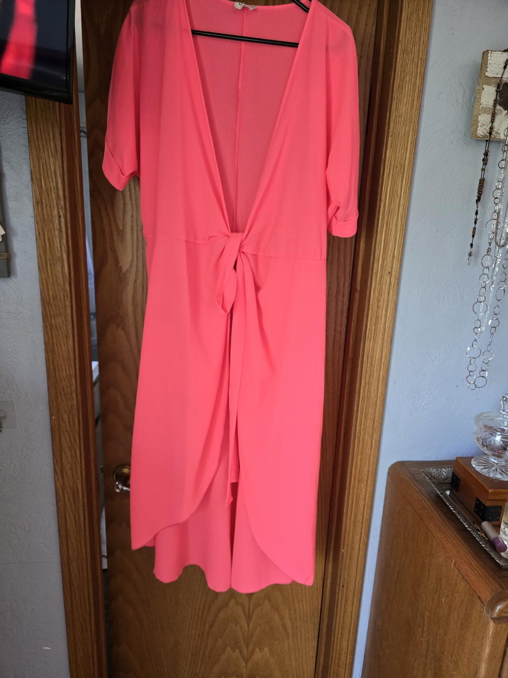 BiBi Neon Coral Tie-Front High-Low Dress